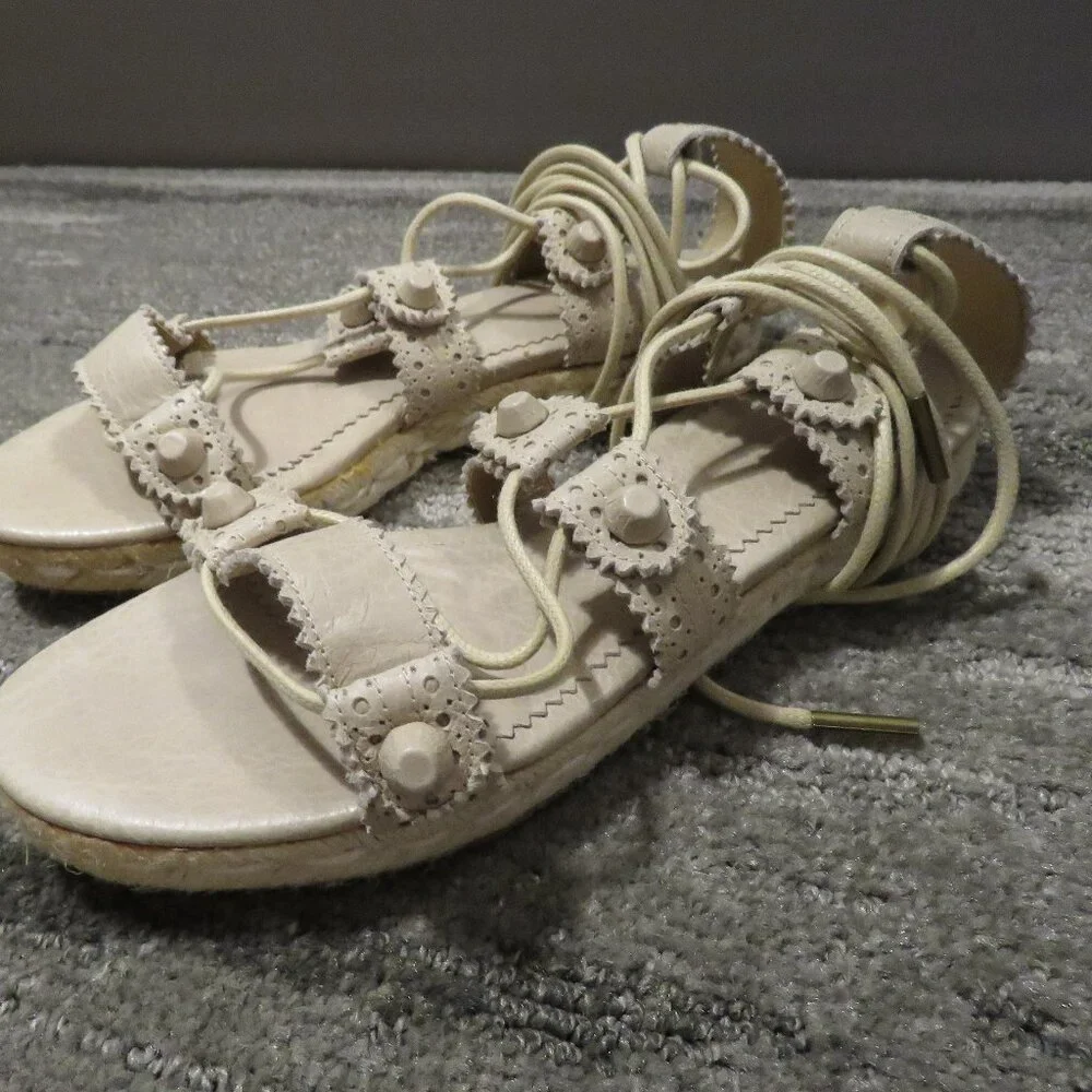 BALENCIAGA PARIS Arena Leather Gladiator Ankle Wrap Espadrilles in Praline Sz 6 - Picture 3 of 15